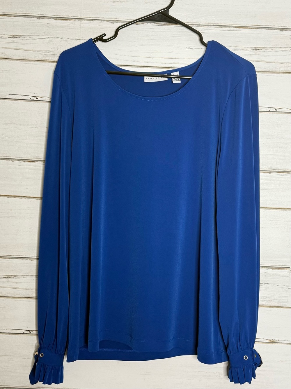 Susan Graver Blue Long Sleeve Buckle Cuff Blouse